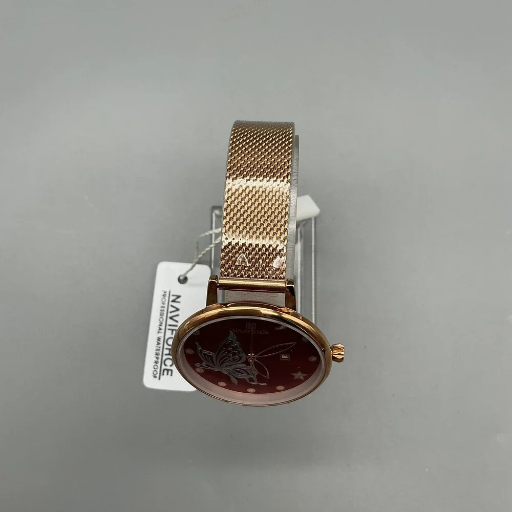 Naviforce Womens Watch 36mm Red Dial Gold Tone Date Mesh NF5011L New Battery